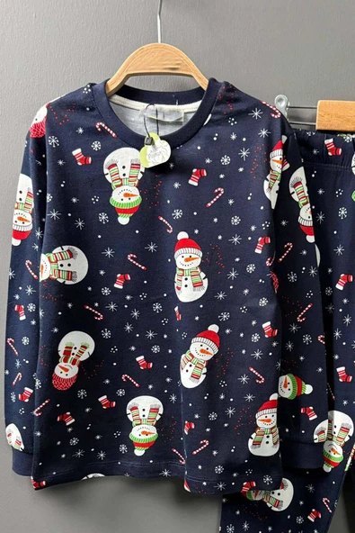 Erkek Çocuk Üzeri Kardan Adam ve Noel Baskılı Lacivert Pijama Takımı - Resim 2