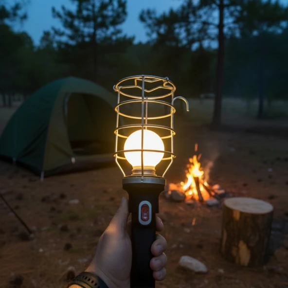 Siyah Plastik Saplı Metal Koruma Kafesli 5 metre kablolu E27 Standart Duy Seyyar El Lambası - Resim 3