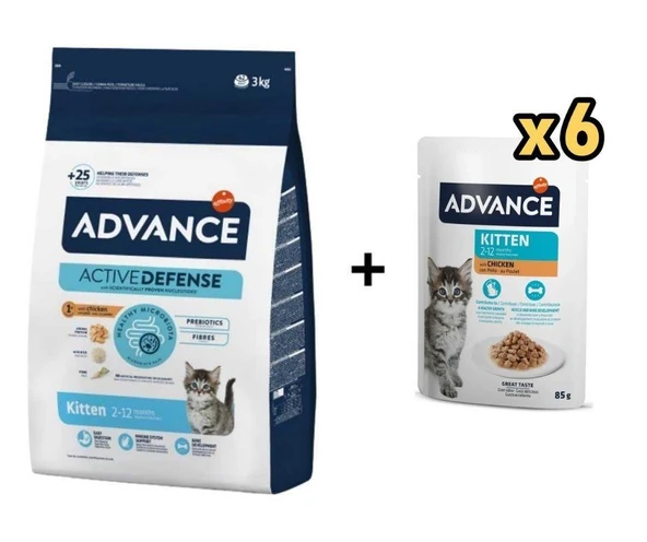 Advance Kitten Tavuklu ve Pirinçli Yavru Kedi Maması 3 Kg + 6 Adet Advance Tavuklu Yavru Kedi Pouch Yaş Maması 85 Gr ürün görseli