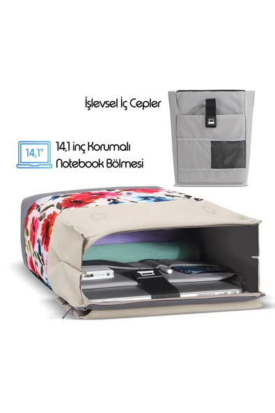 MCE-1306 14.1" ZEN Eco Günlük Sırt Çantası Bej Çiçekli - Resim 3