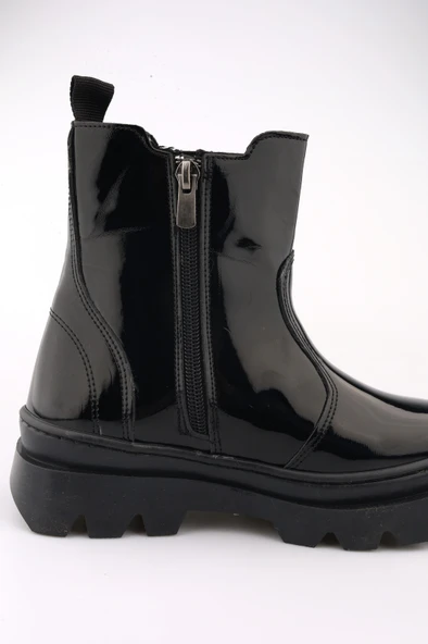 Yüksek Taban Lastikli Fermuarlı Rugan Siyah Çocuk Bot - 5