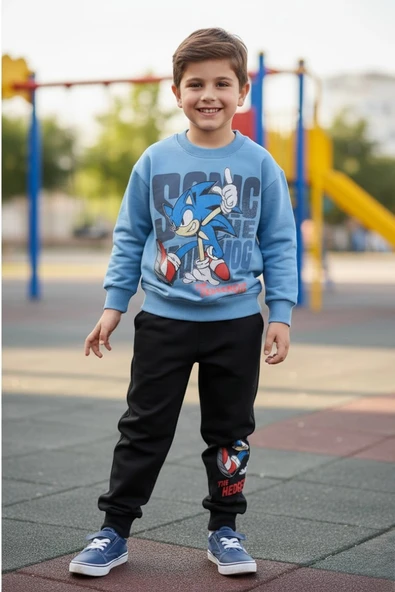 Sonic Desenli Mavi Renk Erkek Çocuk Eşofman Takım ürün görseli