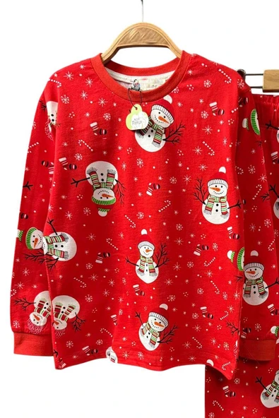 Erkek Çocuk Üzeri Kardan Adam ve Noel Baskılı Kırmızı Pijama Takımı - Resim 6