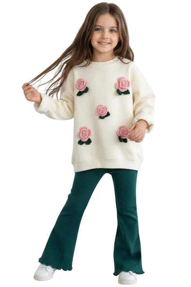 Kız Çocuk Üzeri Gül Figürlü 3 İplik Krem Kazak Bol Kesim Skuba Kumaş Alt Üst Takım - 5
