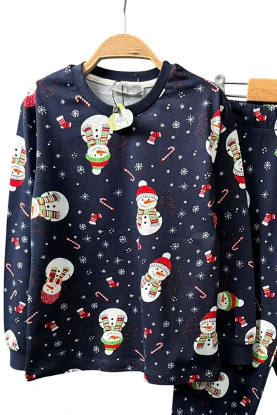Erkek Çocuk Üzeri Kardan Adam ve Noel Baskılı Lacivert Pijama Takımı - Resim 5