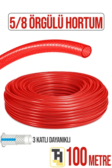 5/8 Örgülü Bahçe Hortumu Çatlamaz, Kırılmaz, Esnek (100 metre) Kırmızı
