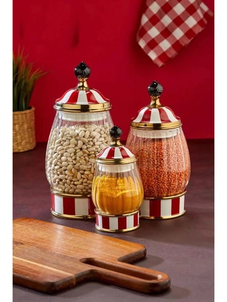 Cooker Kırmızı-Beyaz Kapaklı Cam Baharatlık Seti 3'lü ürün görseli 1