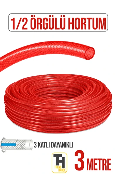 1/2 Örgülü Bahçe Hortumu Çatlamaz, Kırılmaz, Esnek (3 metre) Kırmızı ürün görseli 1
