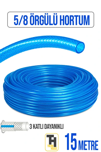 5/8 Örgülü Bahçe Hortumu Çatlamaz, Kırılmaz, Esnek (15 metre) Mavi ürün görseli