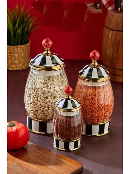 Cooker Siyah-Beyaz Kapaklı Cam Baharatlık Seti 3'lü ürün görseli 1