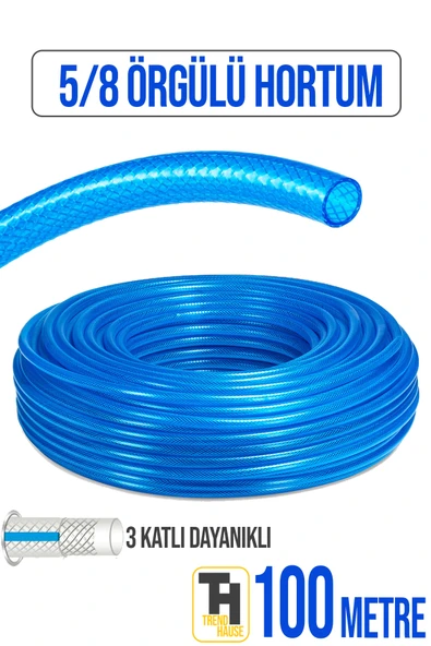 5/8 Örgülü Bahçe Hortumu Çatlamaz, Kırılmaz, Esnek (100 metre) Mavi ürün görseli