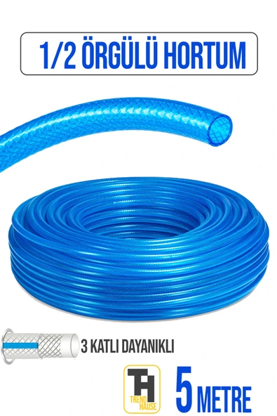 1/2 Örgülü Bahçe Hortumu Çatlamaz, Kırılmaz, Esnek (5 metre) Mavi