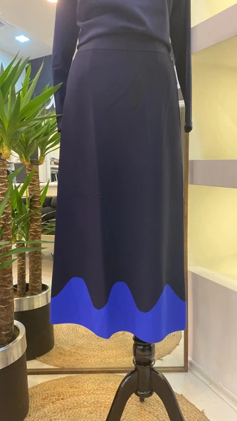 İnvee Etek Ucu Dalga Desenli Lacivert Rayon Triko Evaze Etek 6905 - Resim 5