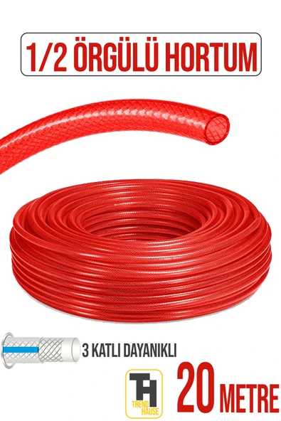 1/2 Örgülü Bahçe Hortumu Çatlamaz, Kırılmaz, Esnek (20 metre) Kırmızı