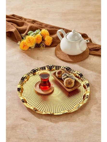 Cooker Yuvarlak Gold Metal Tepsi 35 cm ürün görseli 1