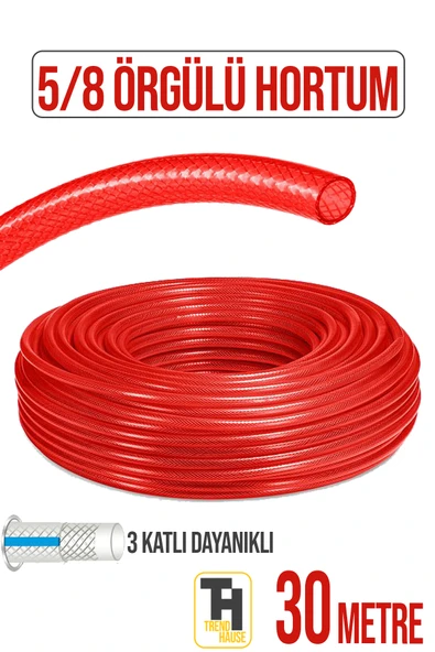 5/8 Örgülü Bahçe Hortumu Çatlamaz, Kırılmaz, Esnek (30 metre) Kırmızı