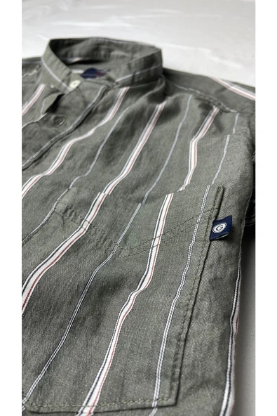 Slim Fit %100 Pamuk Kumaş Hakim Yaka Uzun Kol Gömlek-çizgili Haki- - Resim 3