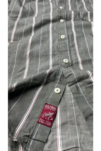 Slim Fit %100 Pamuk Kumaş Hakim Yaka Uzun Kol Gömlek-çizgili Haki- - Resim 2