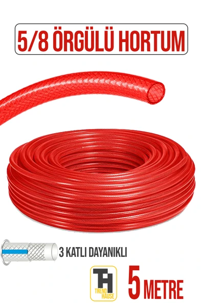 5/8 Örgülü Bahçe Hortumu Çatlamaz, Kırılmaz, Esnek (5 metre) Kırmızı ürün görseli 1