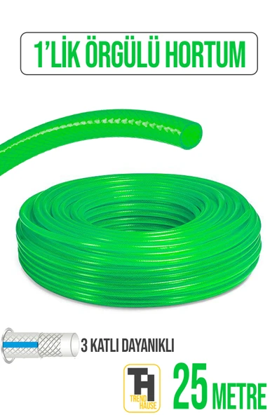 1'Lik Örgülü Bahçe Hortumu Çatlamaz, Kırılmaz, Esnek (25 metre) Yeşil ürün görseli 1