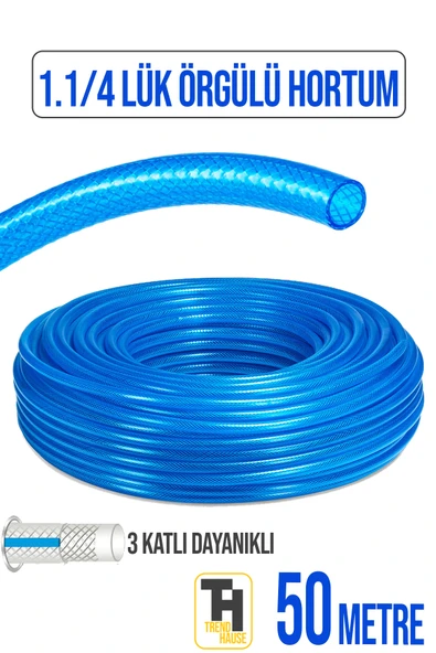 1.1/4 Örgülü Bahçe Hortumu Çatlamaz, Kırılmaz, Esnek (50 metre) Mavi