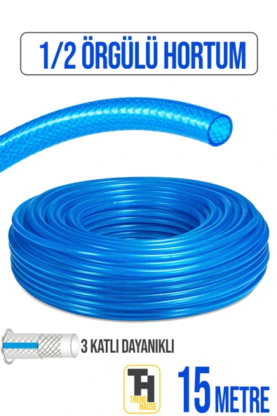 1/2 Örgülü Bahçe Hortumu Çatlamaz, Kırılmaz, Esnek (15 metre) Mavi ürün görseli 1