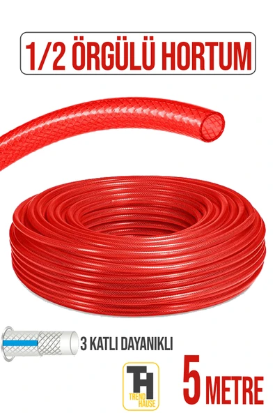 1/2 Örgülü Bahçe Hortumu| Çatlamaz, Kırılmaz, Esnek (5 metre) Kırmızı ürün görseli 1