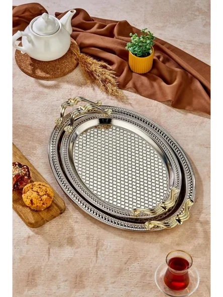 Cooker CKR3537 Gold Kulplu Silver Oval Tepsi 2'li ürün görseli 1