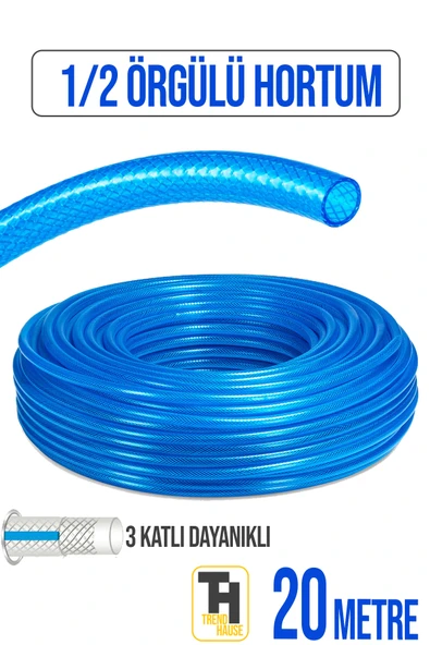 1/2 Örgülü Bahçe Hortumu Çatlamaz, Kırılmaz, Esnek (20 metre) Mavi ürün görseli 1