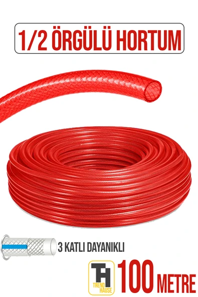 1/2 Örgülü Bahçe Hortumu Çatlamaz, Kırılmaz, Esnek (100 metre) Kırmızı ürün görseli