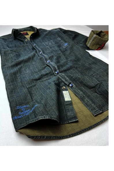 Slim Fit Saf Pamuk Denim Kumaş Kot Gömlek--koyu Karışık-- - Resim 2