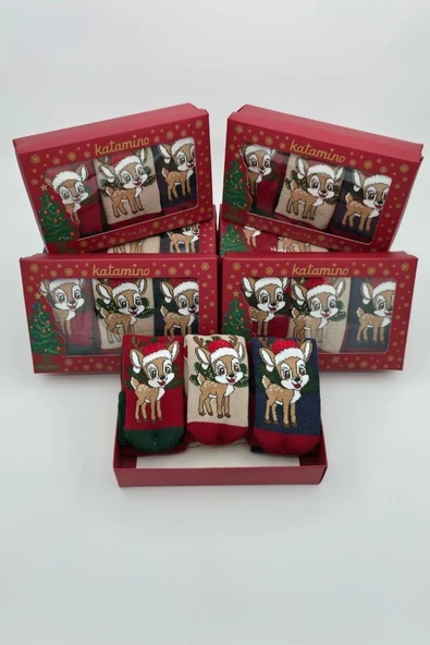 3 Çift Unısex Hediyelik Yeniyıl Temalı Çocuk Soket Havlu Çorap - Resim 4