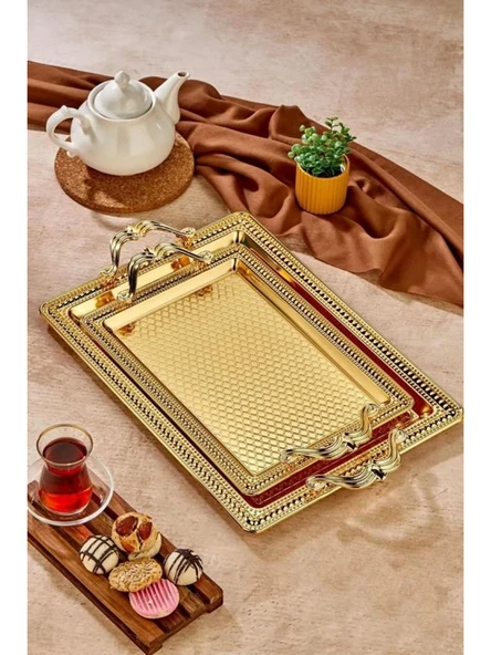 Cooker Özel Seri Altın Rengi Dikdörtgen Tepsi 2 Parça ürün görseli 1