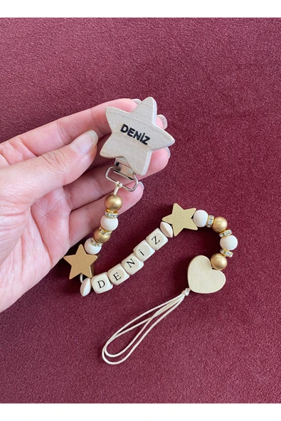 Doğal Ahşap Emzik Zinciri - İsimli Emzik Askısı Ahşap Emzik Zinciri Emzik Tutucu Bebek Hediyesi - 3