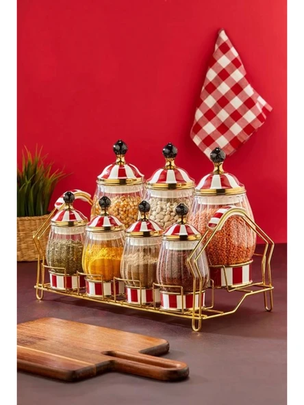 Cooker CKR3441 Kırmızı-Beyaz Kapaklı Porselen Baharat Seti 7'li ürün görseli 1