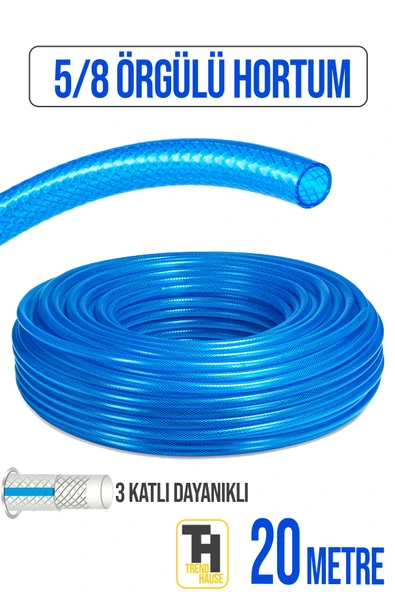 5/8 Örgülü Bahçe Hortumu Çatlamaz, Kırılmaz, Esnek (20 metre) Mavi ürün görseli 1