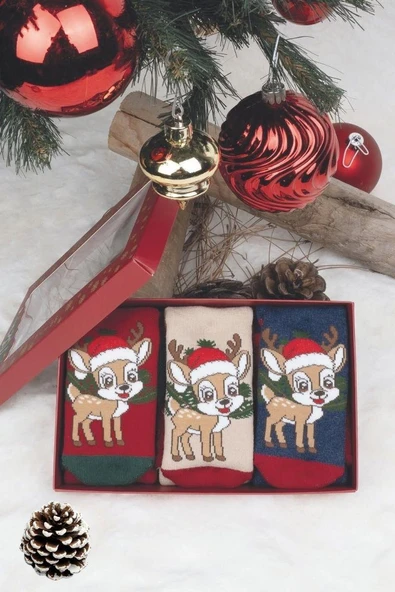 3 Çift Unısex Hediyelik Yeniyıl Temalı Çocuk Soket Havlu Çorap - Resim 6