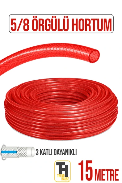 5/8 Örgülü Bahçe Hortumu Çatlamaz, Kırılmaz, Esnek (15 metre) Kırmızı ürün görseli