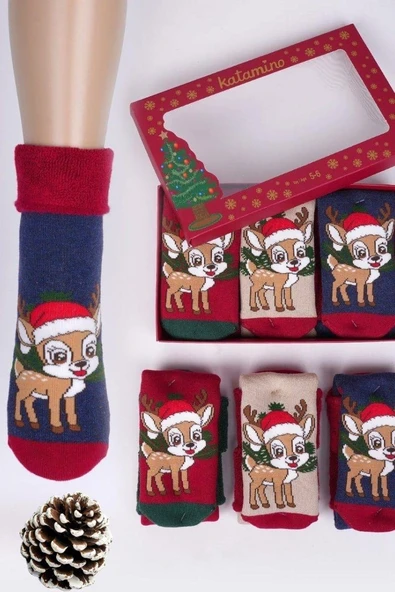 3 Çift Unısex Hediyelik Yeniyıl Temalı Çocuk Soket Havlu Çorap - Resim 12