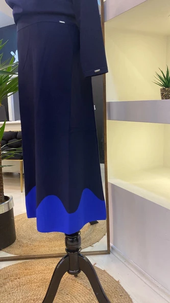 İnvee Etek Ucu Dalga Desenli Lacivert Rayon Triko Evaze Etek 6905 - Resim 6