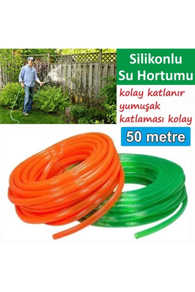 Silikonlu Bahçe Hortumu-50 Metre-Kırılmaz-Kolay Katlanır-Dayanıklı-Tüm Musluklara Uyumlu-Yumuşak - Resim 2