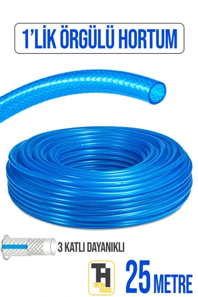 1'Lik Örgülü Bahçe Hortumu Çatlamaz, Kırılmaz, Esnek (25 metre) Mavi ürün görseli 1
