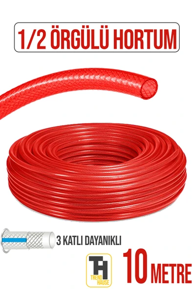 1/2 Örgülü Bahçe Hortumu Çatlamaz, Kırılmaz, Esnek (10 metre) Kırmızı ürün görseli 1