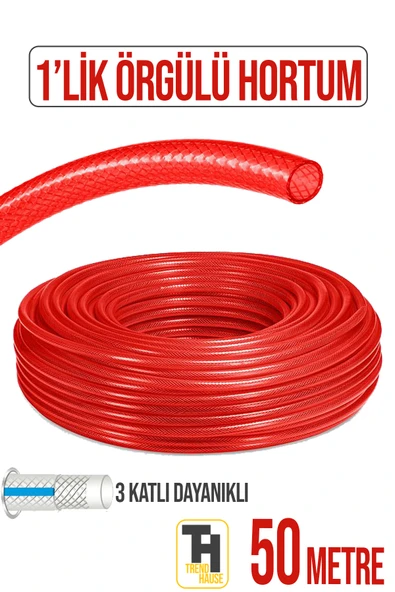 1'Lik Örgülü Bahçe Hortumu Çatlamaz, Kırılmaz, Esnek (50 metre) Kırmızı