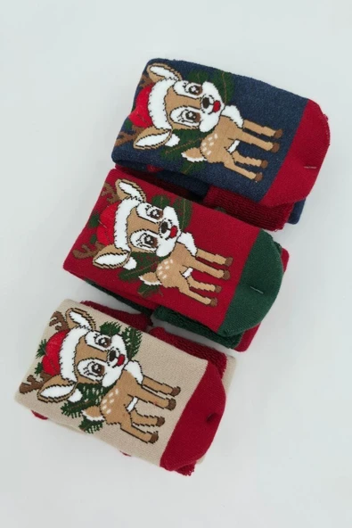 3 Çift Unısex Hediyelik Yeniyıl Temalı Çocuk Soket Havlu Çorap - Resim 3