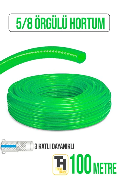 5/8 Örgülü Bahçe Hortumu Çatlamaz, Kırılmaz, Esnek (100 metre) Yeşil