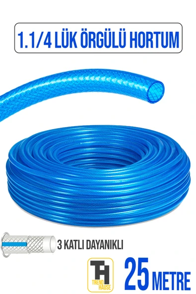 1.1/4 Örgülü Bahçe Hortumu Çatlamaz, Kırılmaz, Esnek (25 metre) Mavi ürün görseli 1