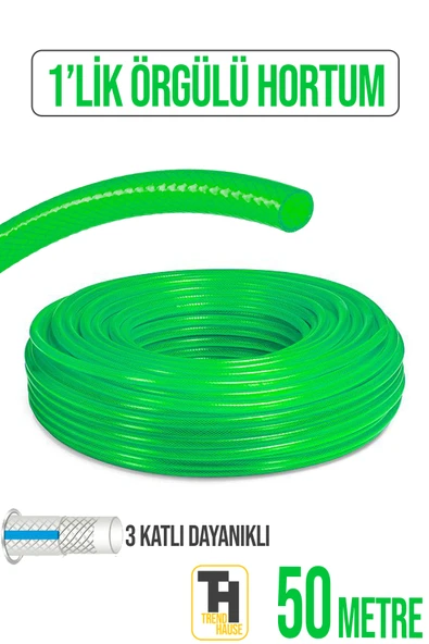 1'Lik Örgülü Bahçe Hortumu Çatlamaz, Kırılmaz, Esnek (50 metre) Yeşil