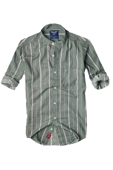 Slim Fit %100 Pamuk Kumaş Hakim Yaka Uzun Kol Gömlek-çizgili Haki- ürün görseli