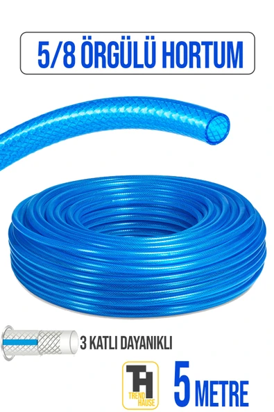5/8 Örgülü Bahçe Hortumu Çatlamaz, Kırılmaz, Esnek (5 metre) Mavi ürün görseli